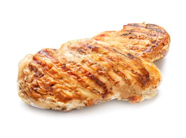 Beyaz arka planda pişirilmiş tavuk filetosu.