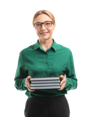 Beyaz arka planda olgun bayan öğretmen