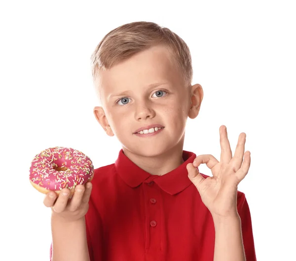 Смешной Маленький Мальчик Пончиками Белом Фоне — стоковое фото