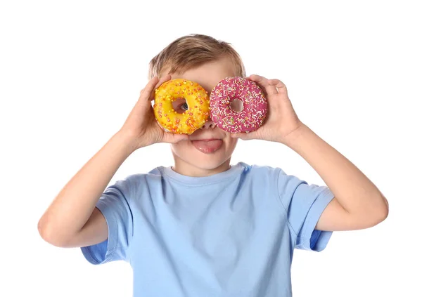 Grappig Jongetje Met Donuts Witte Achtergrond — Stockfoto