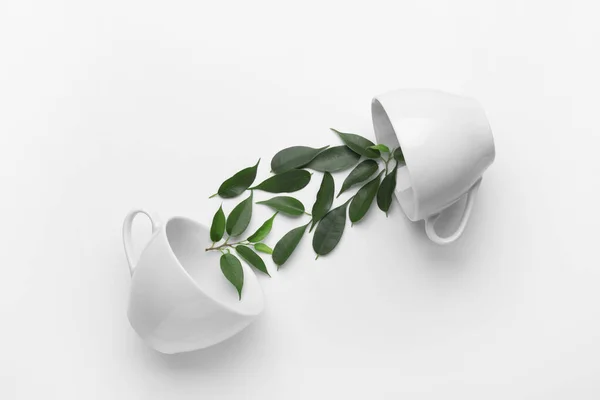 Two Cups Green Tea Leaves White Background — Stock Photo, Image