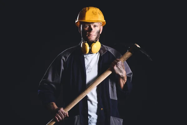 Miner Man Pick Axe Dark Background — Stock Photo, Image