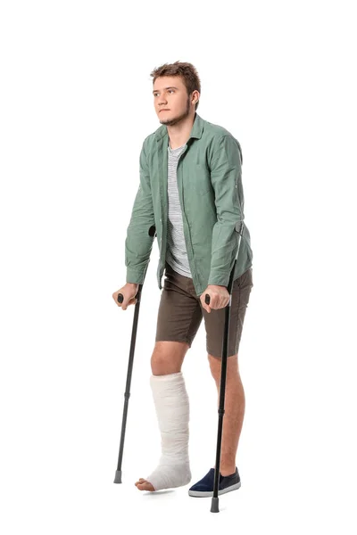 Νεαρός Σπασμένο Πόδι Λευκό Φόντο — Φωτογραφία Αρχείου