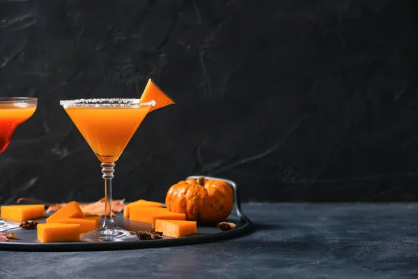 Glass Tasty Pumpkin Pie Martini Dark Background — Stock Photo, Image