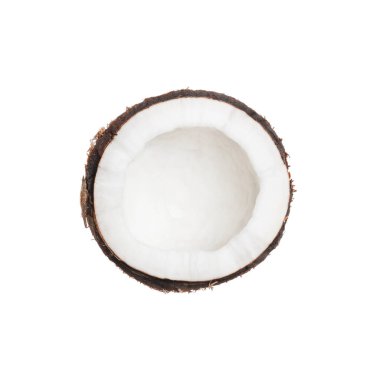 Beyaz arka planda olgun hindistan cevizinin yarısı