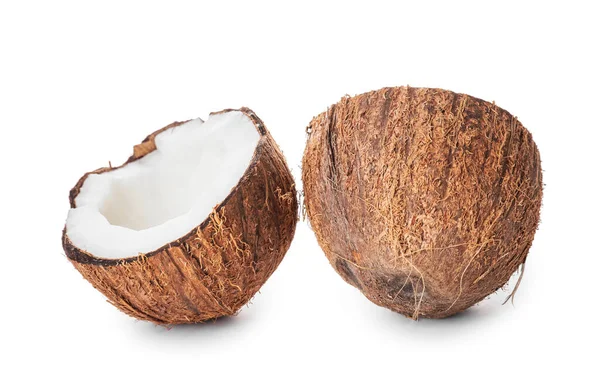Hälften Der Reifen Kokosnuss Auf Weißem Hintergrund — Stockfoto