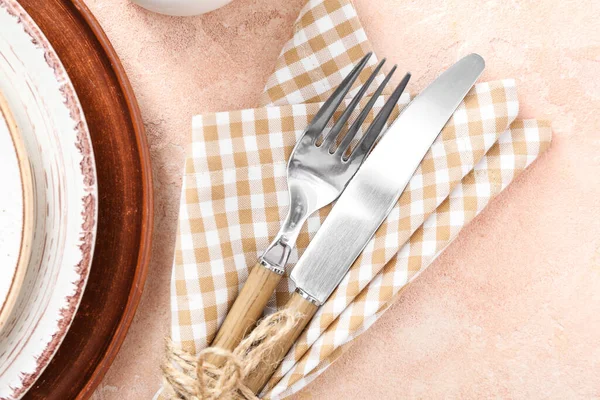 Beautiful Table Setting Color Background Closeup — Stock Photo, Image