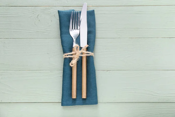 Cutlery Napkin Wooden Background — Stock Photo, Image