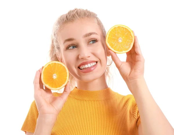 Beautiful Young Woman Orange Slices White Background — Stock Photo, Image