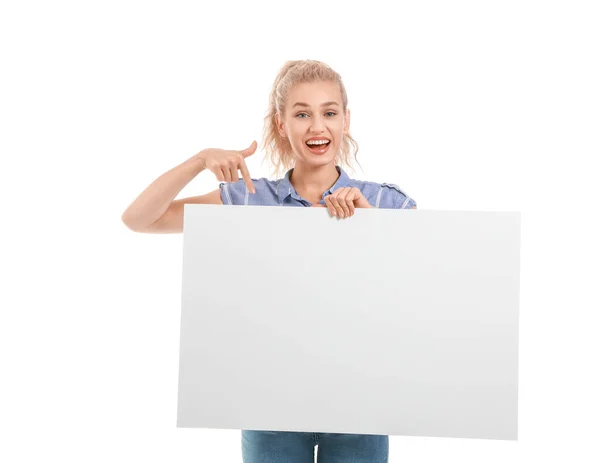 Beautiful Young Woman Blank Poster White Background — Stock Photo, Image