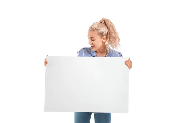 Beautiful Young Woman Blank Poster White Background — Stock Photo, Image