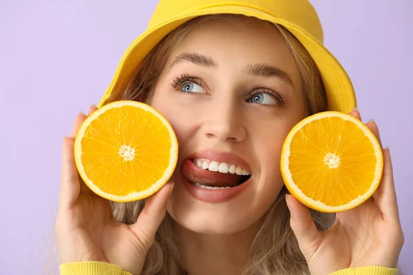 Beautiful Young Woman Cut Orange Color Background — Stock Photo, Image