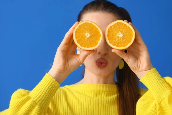 Funny Young Woman Orange Slices Color Background — Stock Photo, Image