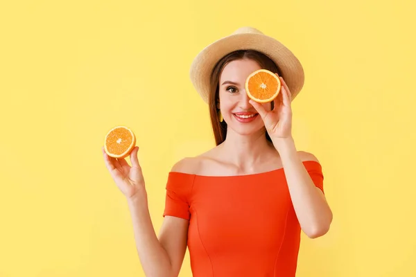 Beautiful Young Woman Orange Slices Color Background — Stock Photo, Image