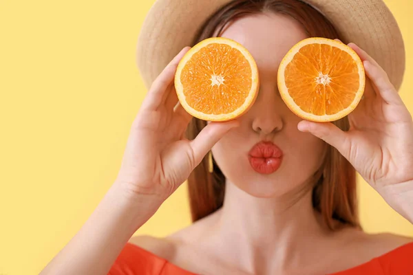 Funny Young Woman Orange Slices Color Background — Stock Photo, Image