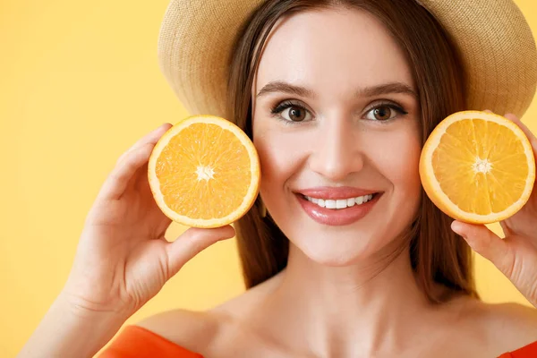 Beautiful Young Woman Orange Slices Color Background — Stock Photo, Image