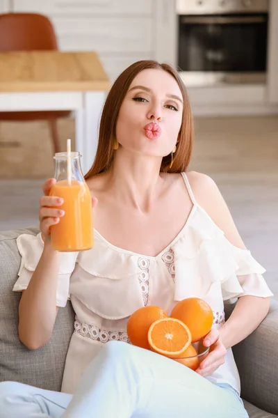 Beautiful Young Woman Drinking Orange Juice Home — Stock Photo, Image