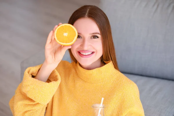 Beautiful Young Woman Drinking Orange Juice Home — Stock Photo, Image