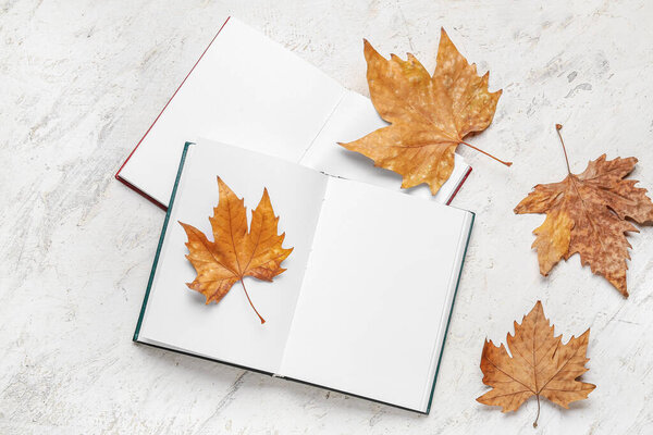 Blank book with autumn leaves on white background