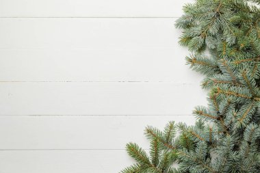Beyaz ahşap arka planda Noel ağacı dalları