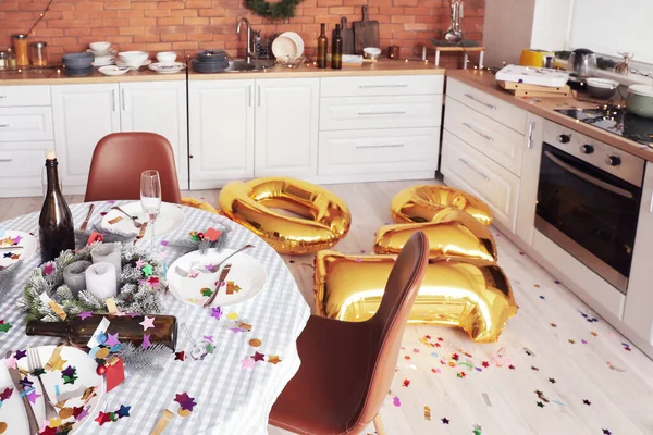 Interior Messy Room New Year Party Celebration — Stock Photo, Image