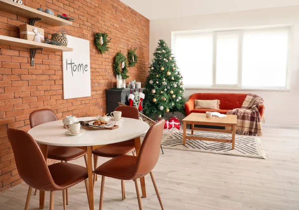 Interior Living Room Fireplace Decorated Christmas — Stock Photo, Image