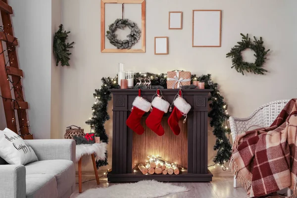 Decorated Fireplace Interior Room Christmas Eve — Stock Photo, Image