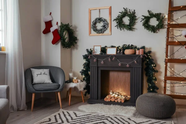 Decorated Fireplace Interior Room Christmas Eve — Stock Photo, Image