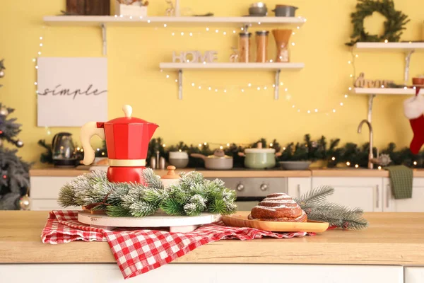 Panela Café Com Decoração Natal Mesa Cozinha — Fotografia de Stock