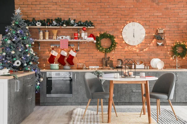 Interior Modern Kitchen Decorated Christmas — Stock Photo, Image