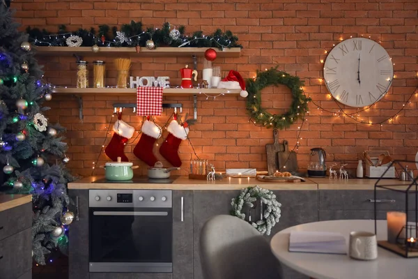 Interior Modern Kitchen Decorated Christmas — Stock Photo, Image