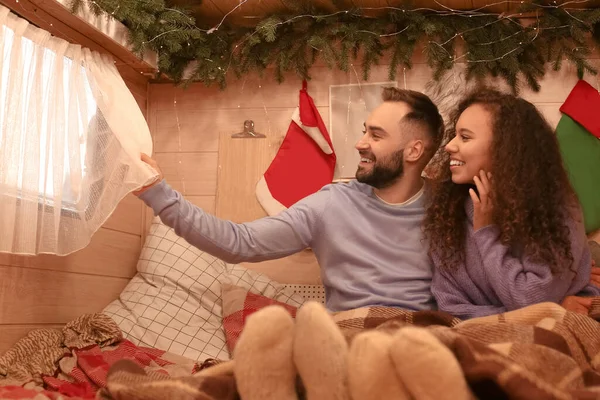 Happy Young Couple Celebrating Christmas Motorhome — Stock Photo, Image