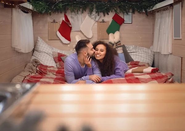 Happy Young Couple Celebrating Christmas Motorhome — Stock Photo, Image