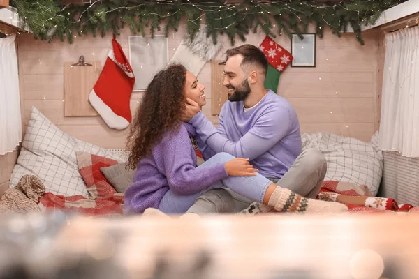 Happy Young Couple Celebrating Christmas Motorhome — Stock Photo, Image