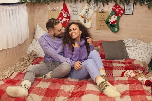 Happy Young Couple Celebrating Christmas Motorhome — Stock Photo, Image