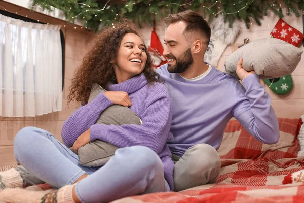 Happy Young Couple Celebrating Christmas Motorhome — Stock Photo, Image