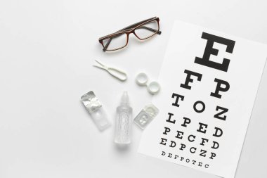 Kontakt lens, çözüm, cımbız, gözlük ve göz testi tablosu beyaz arka planda