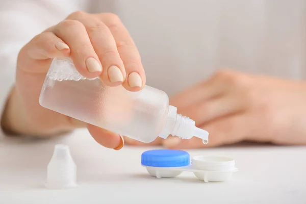 Woman Pouring Solution Container Contact Lenses Closeup — Stock Photo, Image