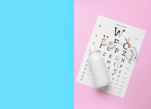 Container Contact Lenses Tweezers Eyeglasses Solution Eye Test Chart Color — Stock Photo, Image