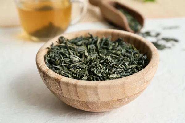 Bowl Dry Green Tea Light Table — Stock Photo, Image