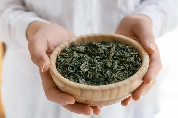 Woman Dry Tea Leaves Bowl Closeup — Stock Photo, Image