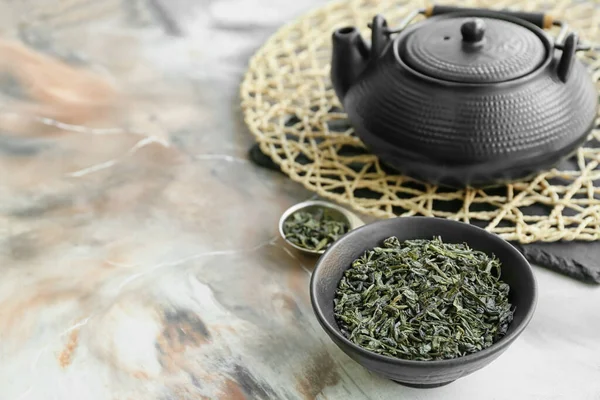 Bowl Dry Green Tea Teapot Light Table — Stock Photo, Image