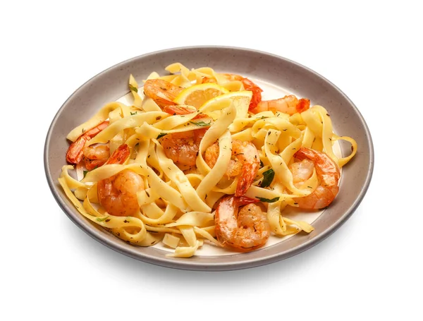 Plate Tasty Pasta Shrimps White Background — Stock Photo, Image