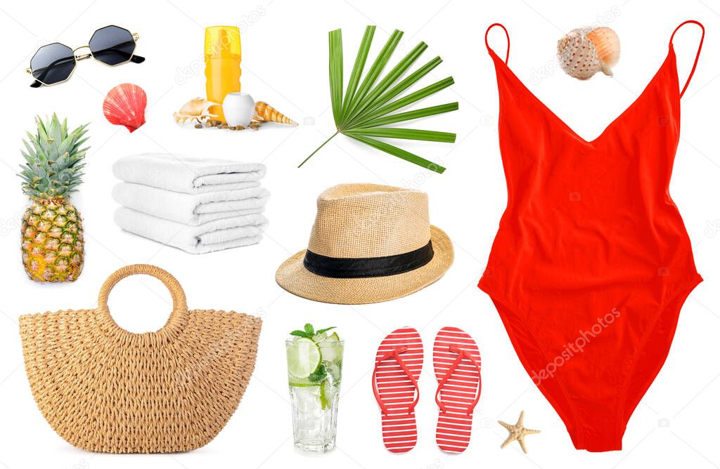 Collage of female beach accessories on white background