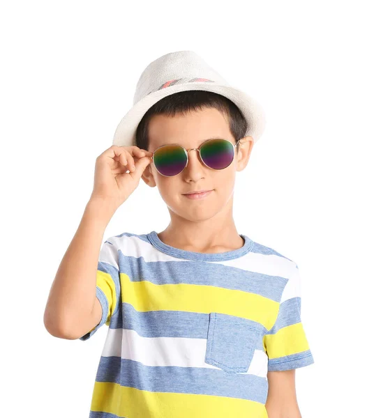 Cute Boy Wearing Stylish Sunglasses White Background — Stock Photo, Image