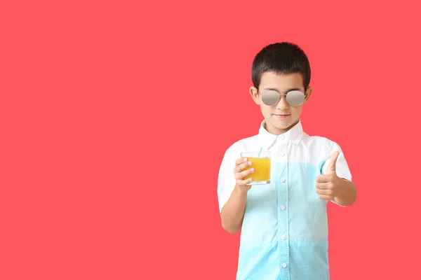 Cute Boy Stylish Sunglasses Fresh Juice Showing Thumb Color Background — Stock Photo, Image