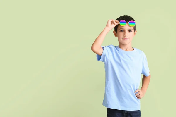 Cute Boy Wearing Stylish Sunglasses Color Background — Stock Photo, Image