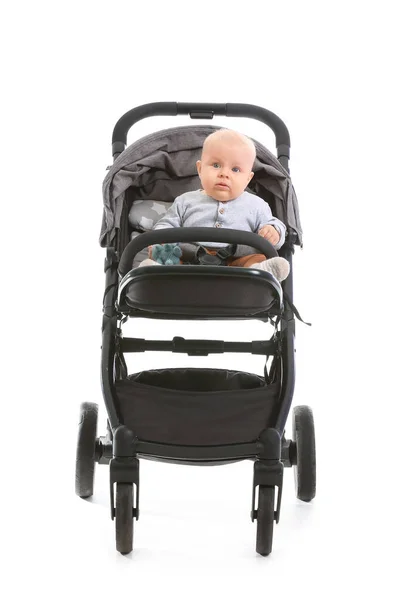 Cute Funny Baby Stroller White Background — Stock Photo, Image