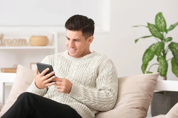 Young Man Reading Book Home — Stock Photo, Image