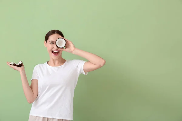 Beautiful Young Woman Coconut Color Background — Stock Photo, Image